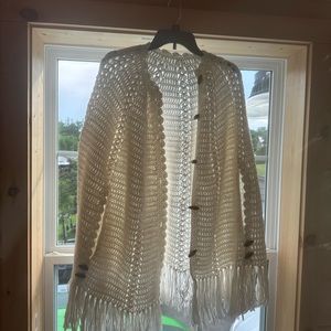Vintage crochet shawl with wooden buttons and fringe